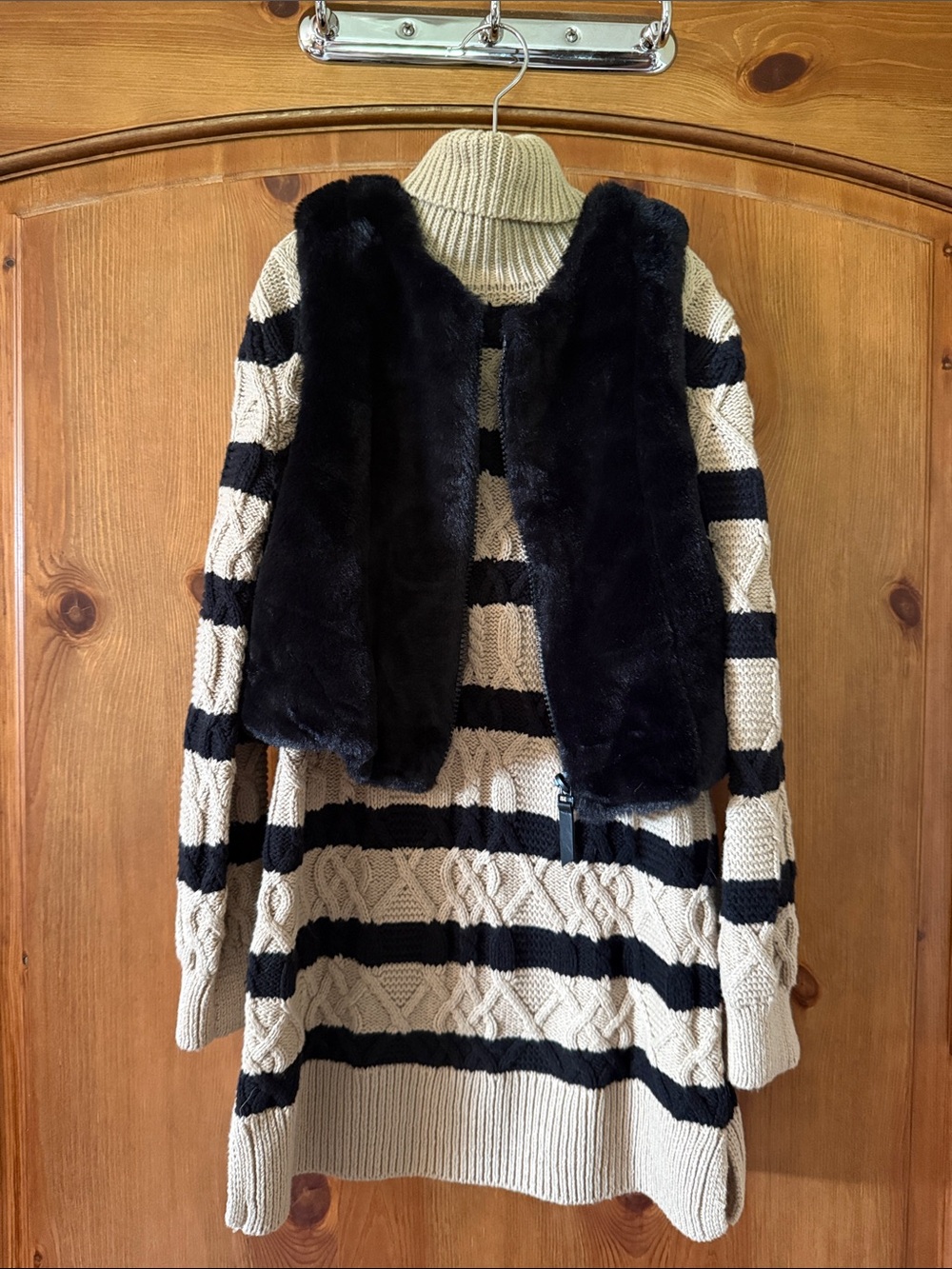 Rachel Zoe Cream & Black Cable-Knit Turtleneck Sweater dress and vest